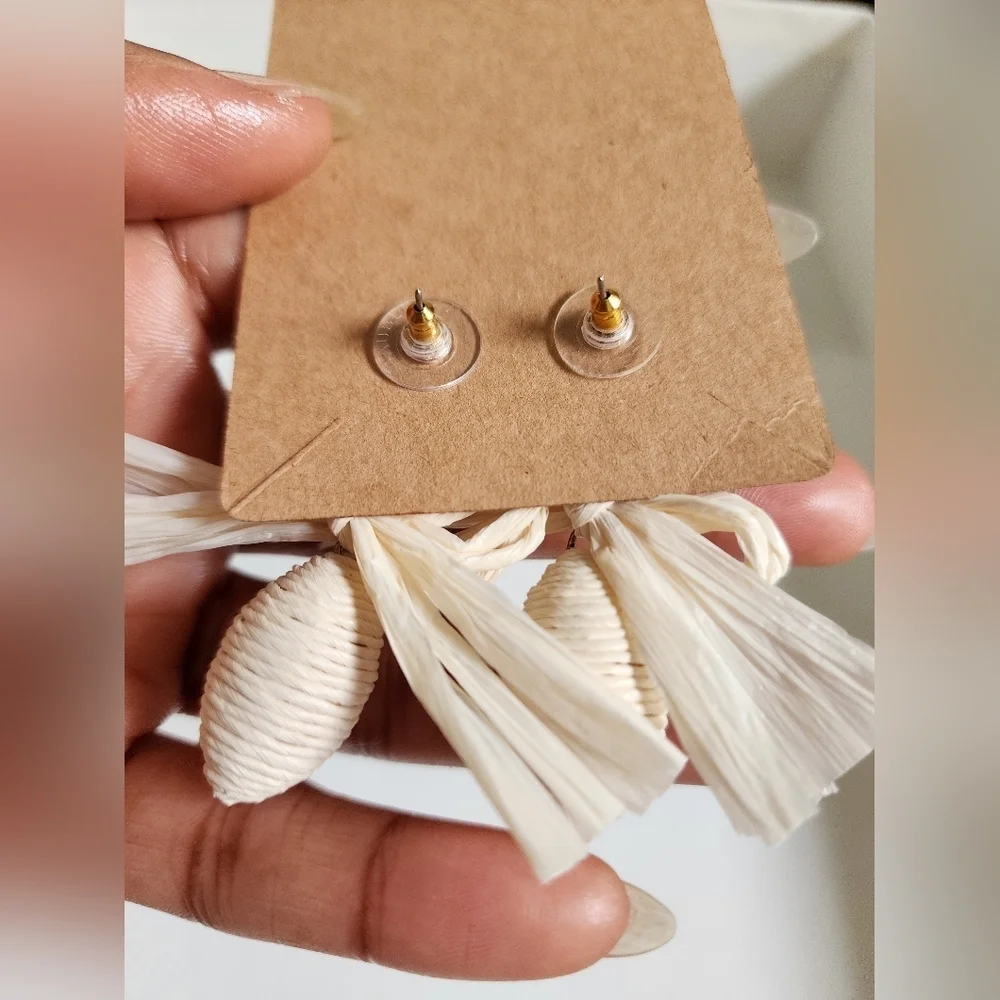 Cream Woven Paper Bow Drop Earrings Resort Statement OS
